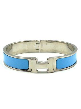 Hermes Click Metal Silver Blue Bangle Bracelet